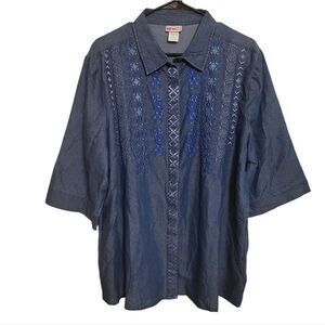 American Sweetheart Blue Embroidered Button Up Blouse, XL